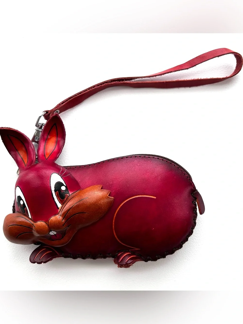 Art Genuine Leather Burgundy Bunny Wristlet Wallet Clutch for keys, cards, coins